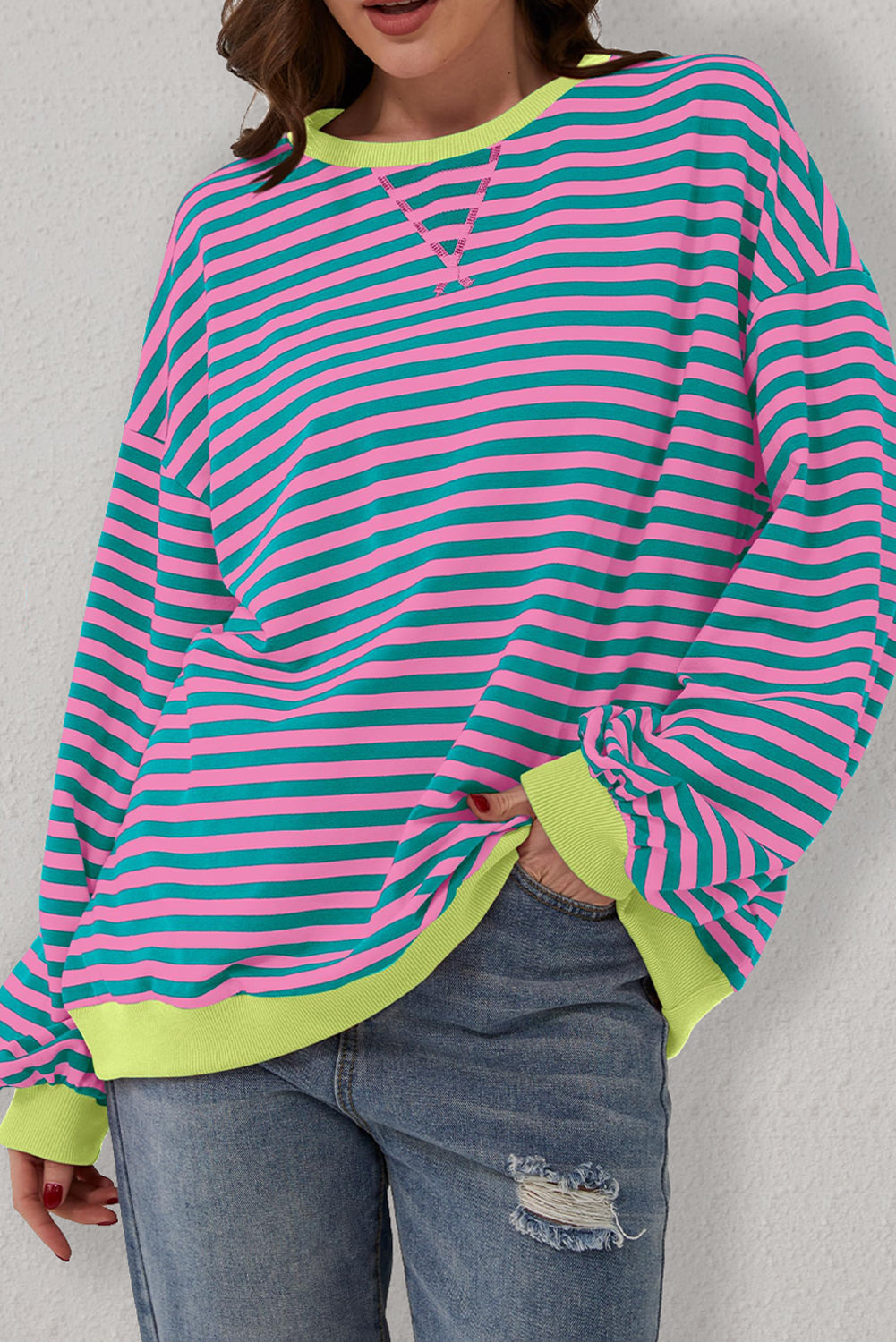 Blue Stripe Oversized Contrast Trim Pullover Sweatshirt