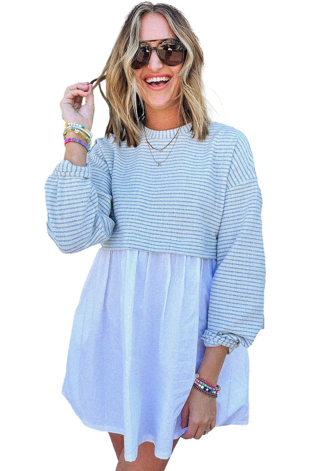 Sky Blue Stripe Patchwork Pleated High Waist Loose Mini Dress