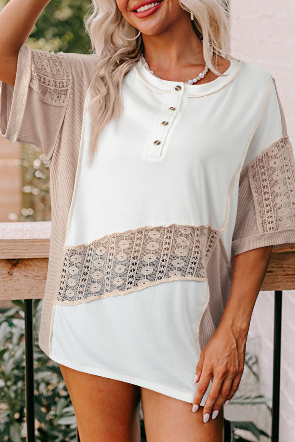 White Lace Splicing Ribbed Patchwork Short Sleeve Henley Top