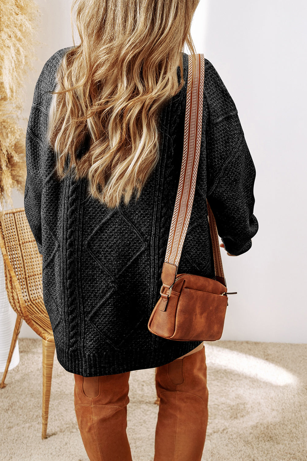 Coffee Cable Knit Drop Shoulder Loose Fit Sweater Dress