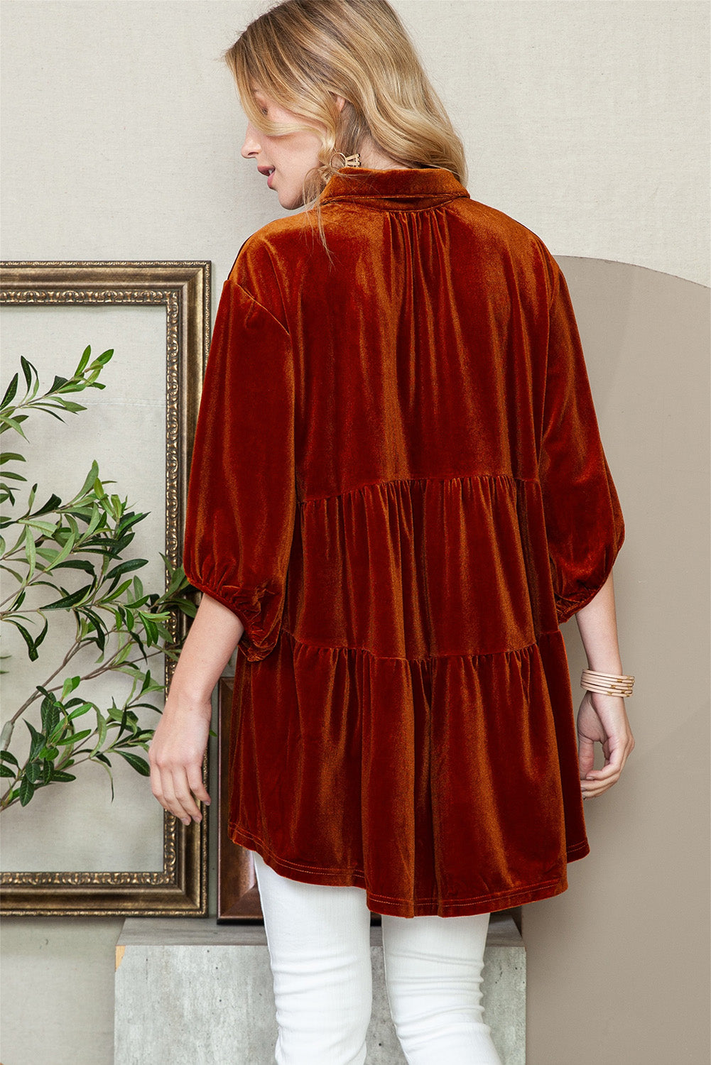 Chestnut Lantern Sleeve Tunic Babydoll Velvet Shirt