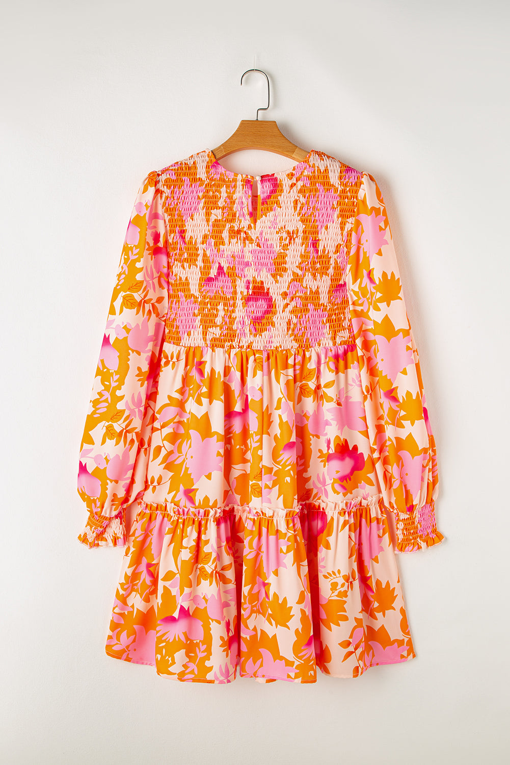 Orange Abstract Print Smocked Bust Lantern Sleeve Ruffle Mini Dress