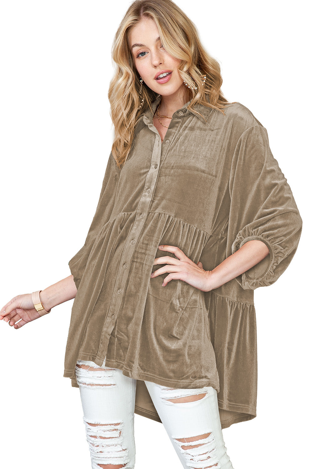 Chestnut Lantern Sleeve Tunic Babydoll Velvet Shirt