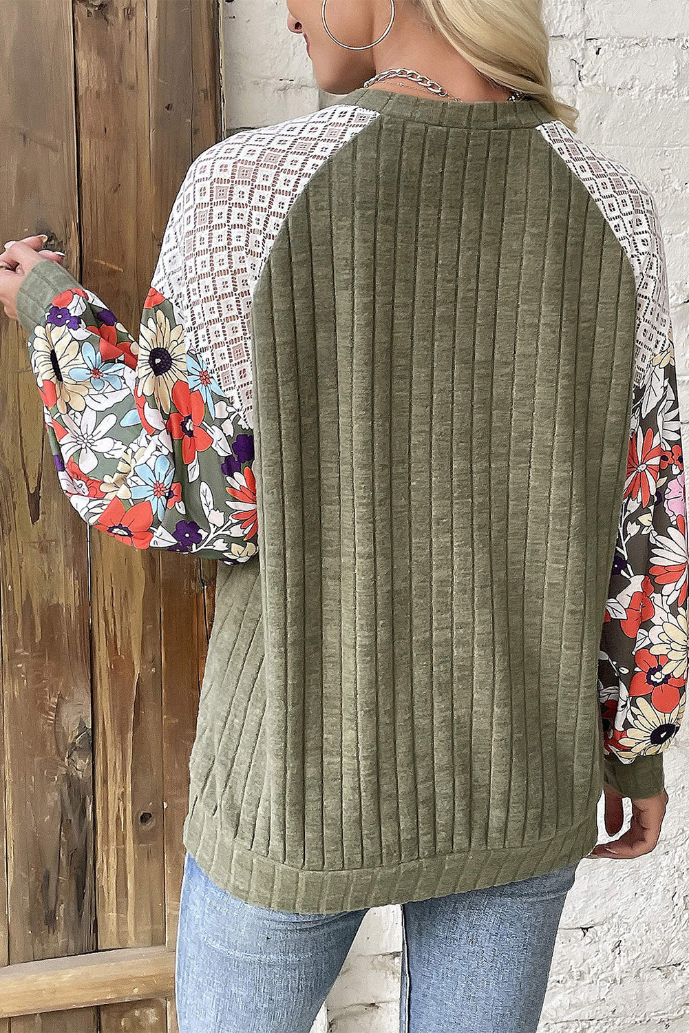 Cinnamon Floral Patchwork Raglan Sleeve Ribbed Top