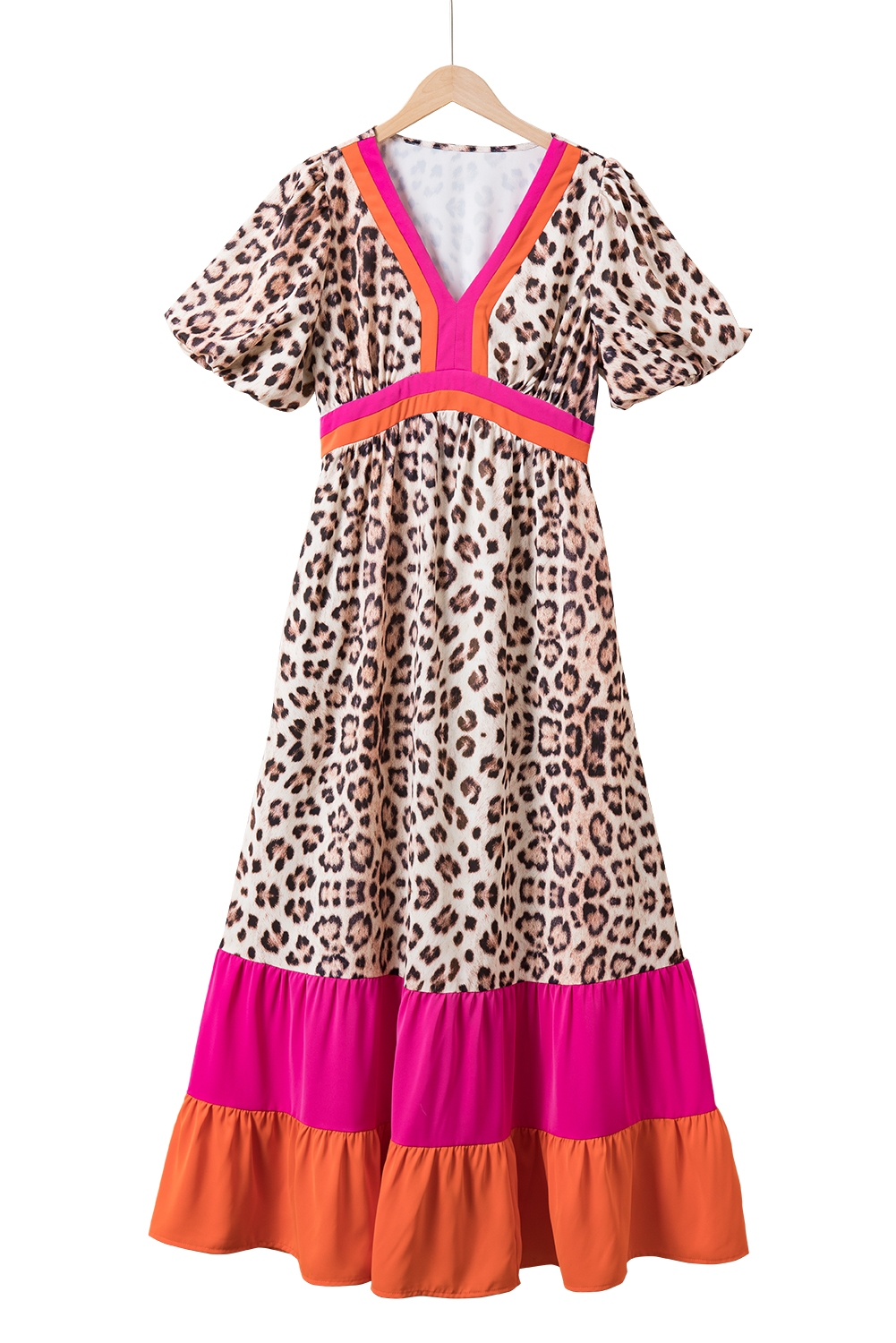 Bright Pink V-neck Leopard Print Colorblock Maxi Dress