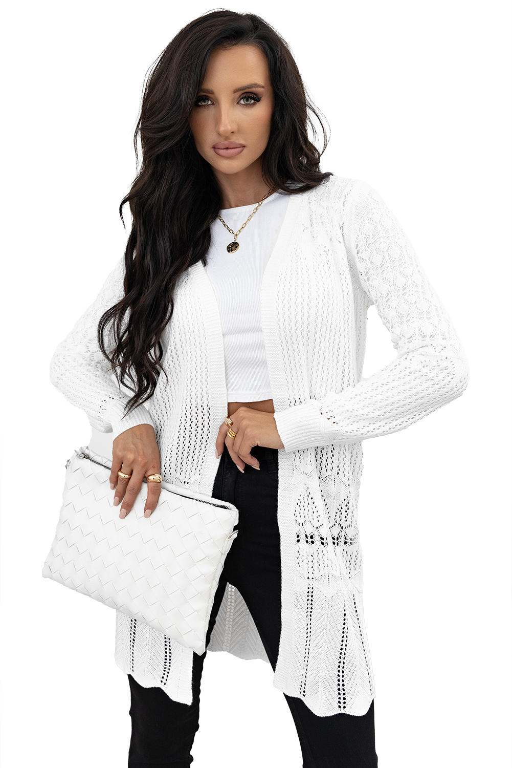 White Crochet Hollow Out Open Front Cardigan