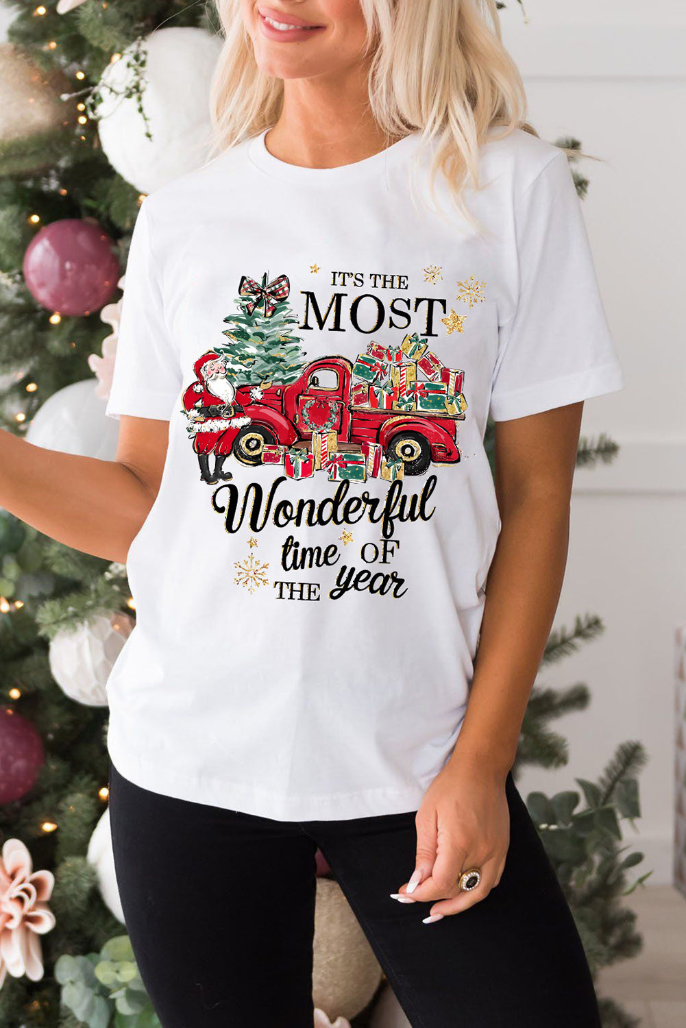 White Christmas Pattern Slogan Print Crew Neck T Shirt