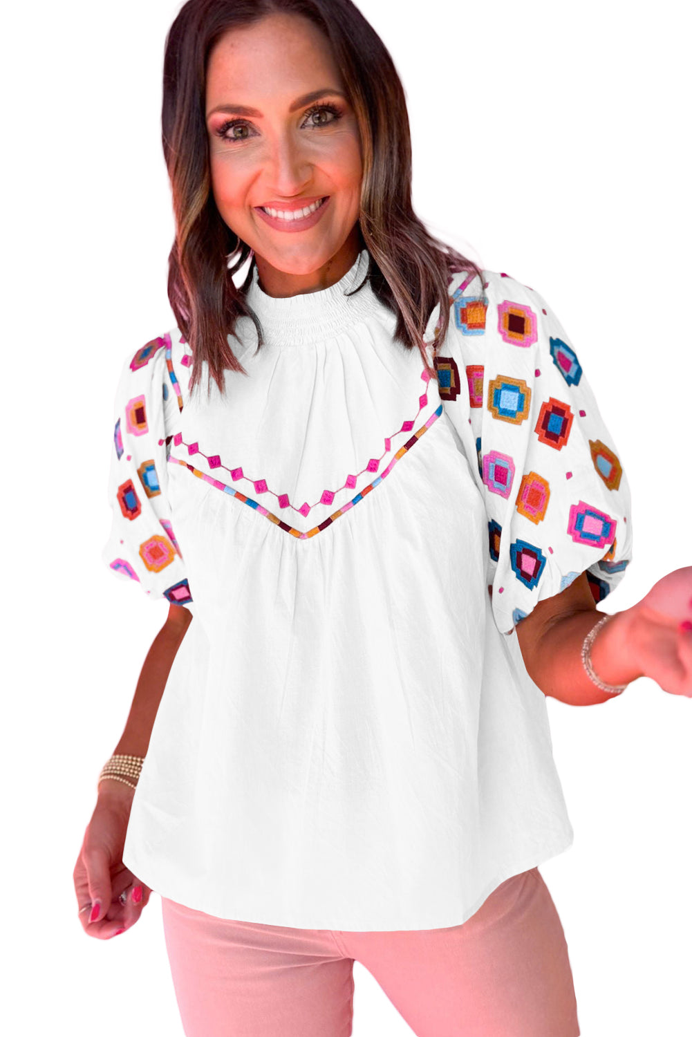 White Geometric Embroidered Smocked Neck Puff Sleeve Top