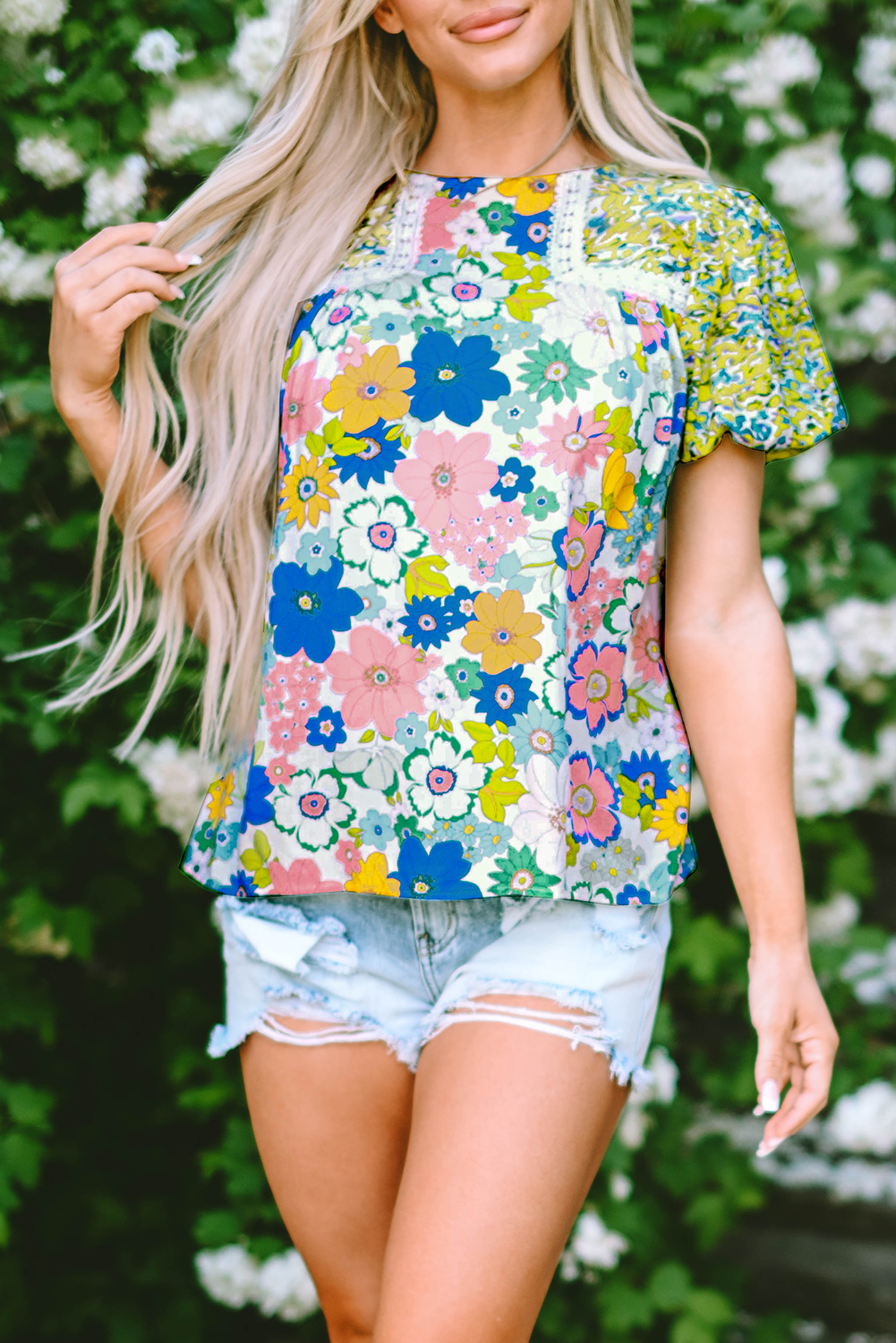 Rose Red Bubble Sleeve Lace Trim Floral Mixed Print Blouse