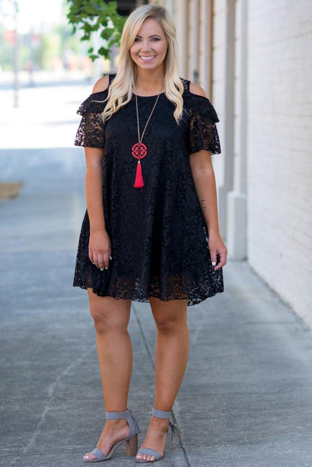 Black Lace Cold Shoulder Plus Size Dress