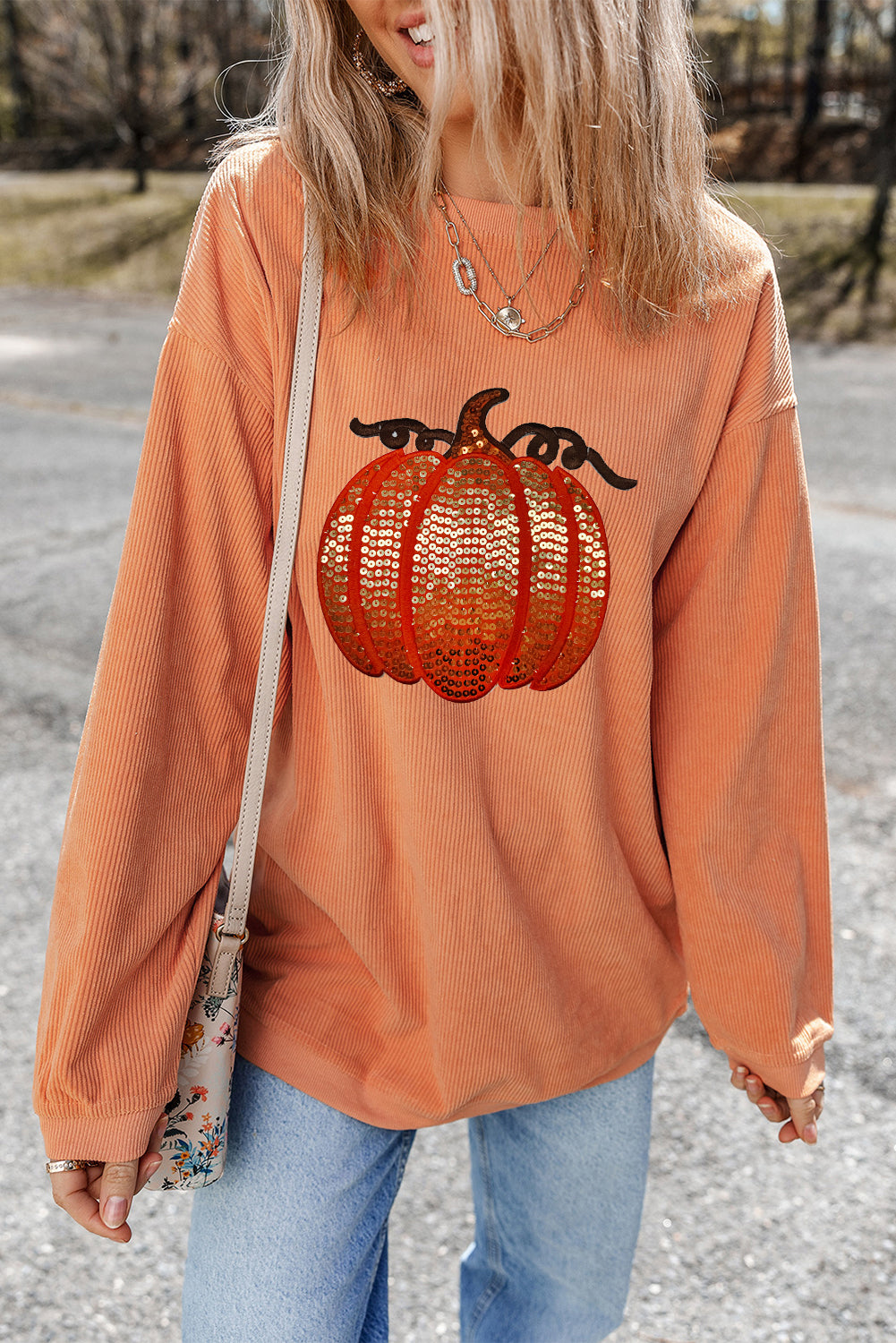 Grass Green Crinkle Ribbed Sequin Pumpkin Graphic Sweatshirt