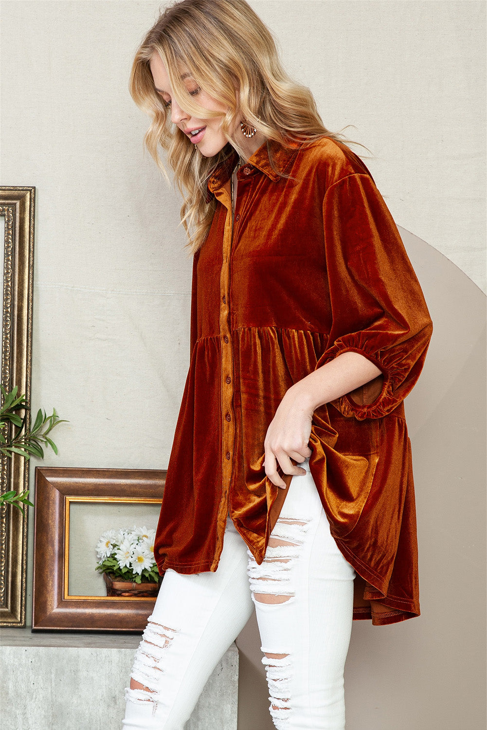 Chestnut Lantern Sleeve Tunic Babydoll Velvet Shirt