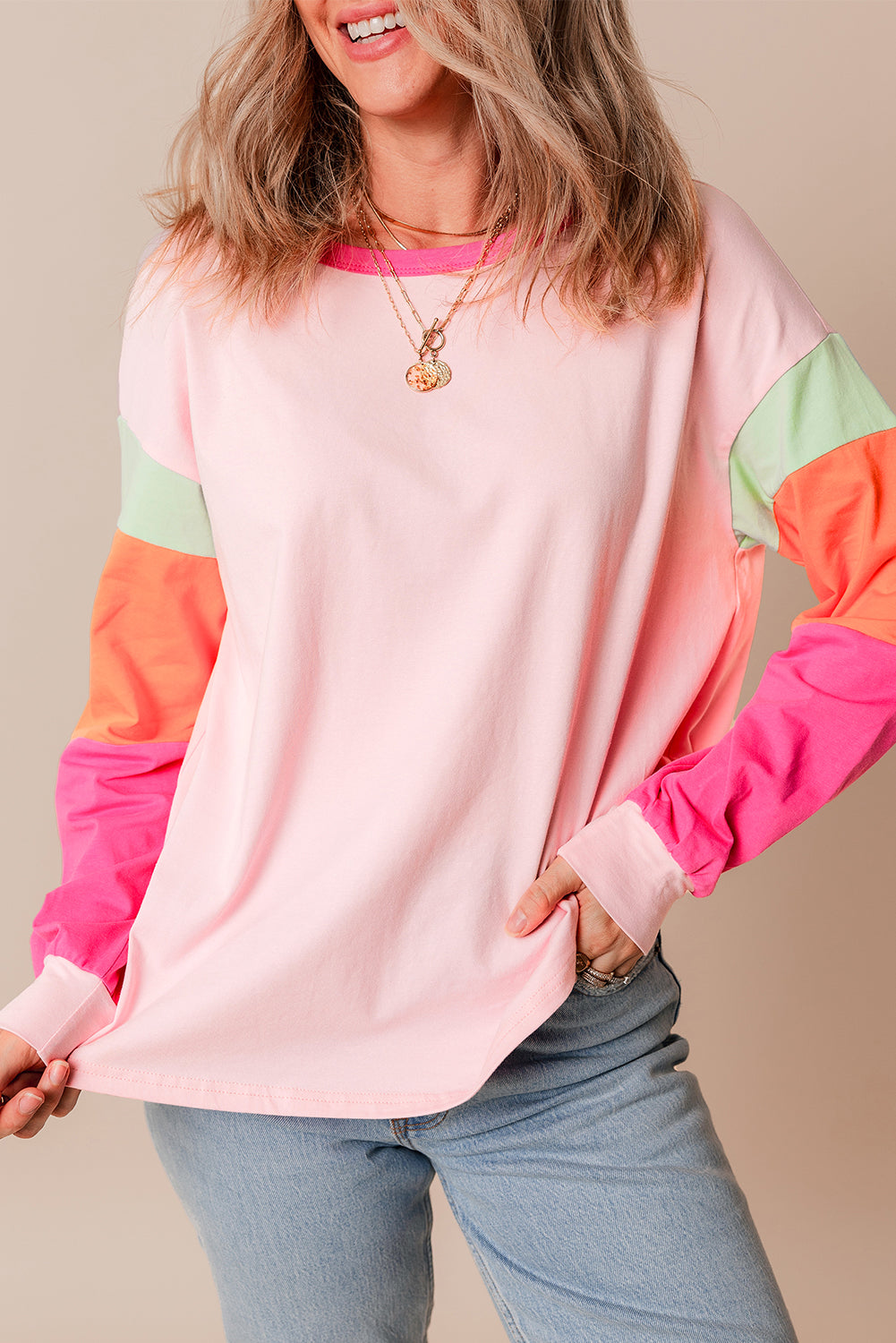 Green Colorblock Patchwork Long Sleeve Loose Top