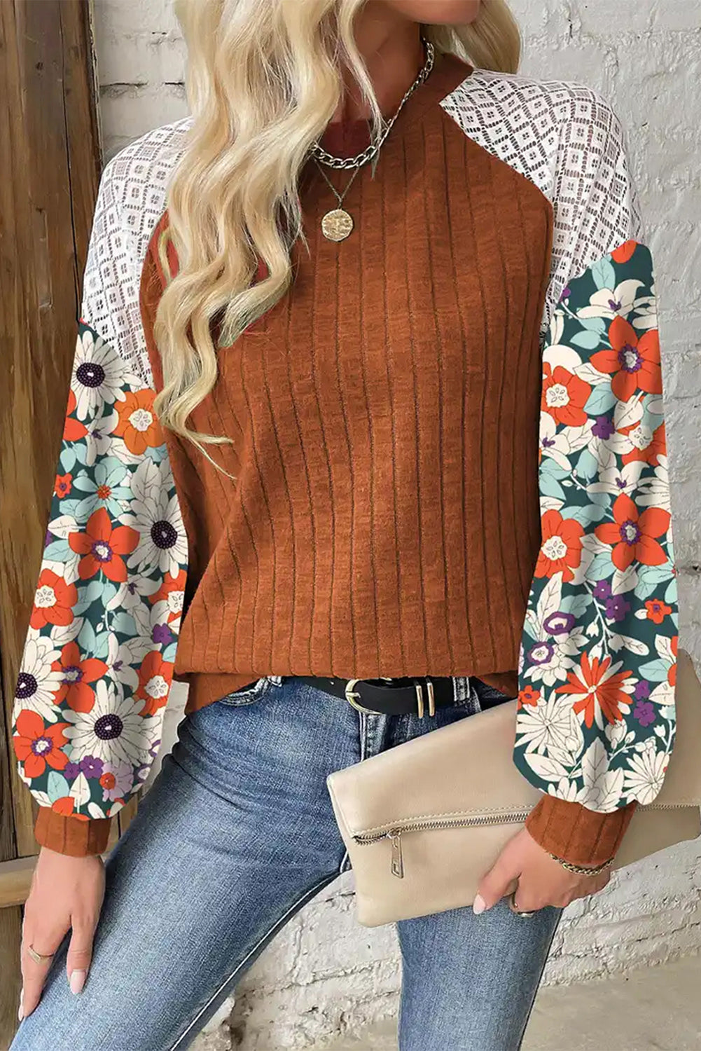 Cinnamon Floral Patchwork Raglan Sleeve Ribbed Top