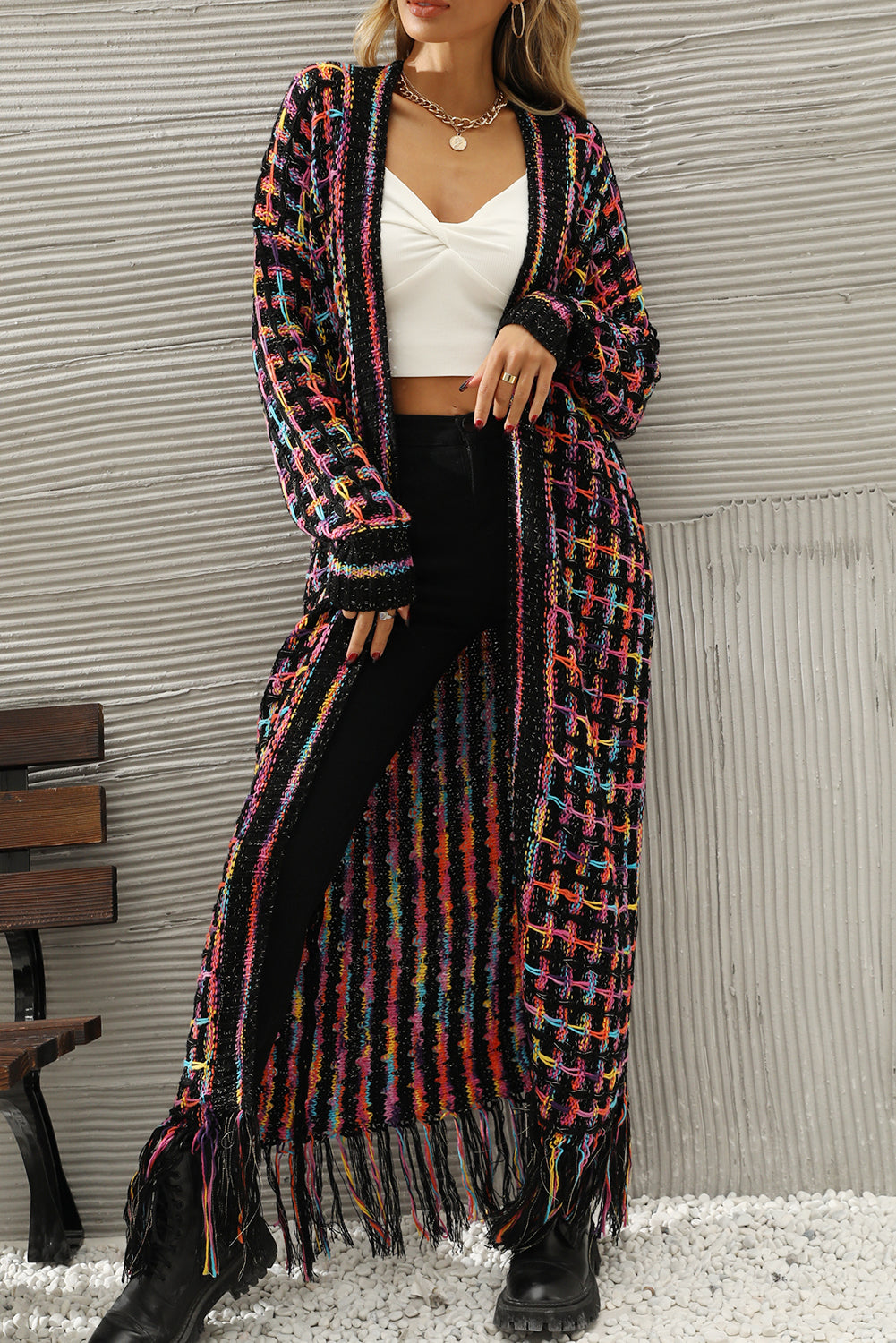 Multicolour Plaid Fringe Hem Long Knit Cardigan