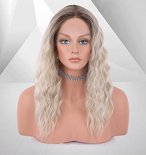 vedar Platinum Blonde Hair Short Curly Lace Front Wigs for Women, Ombre Brown Light Blonde Synthetic Wigs Wob Wigs 12 inch VEDAR-031-12