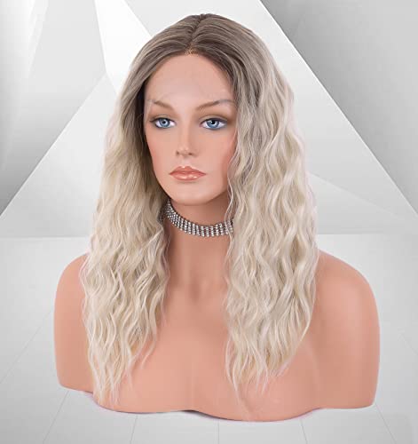 vedar Platinum Blonde Hair Short Curly Lace Front Wigs for Women, Ombre Brown Light Blonde Synthetic Wigs Wob Wigs 12 inch VEDAR-031-12