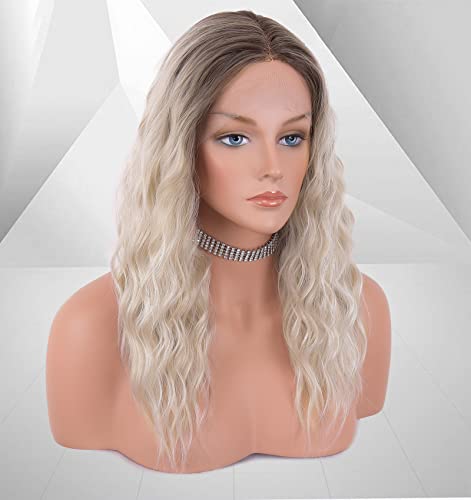 vedar Platinum Blonde Hair Short Curly Lace Front Wigs for Women, Ombre Brown Light Blonde Synthetic Wigs Wob Wigs 12 inch VEDAR-031-12