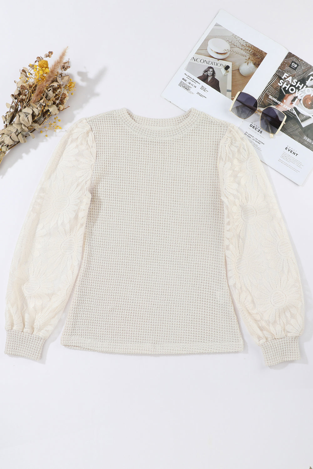 Peach Blossom Sunflower Lace Long Sleeve Waffle Knit Top