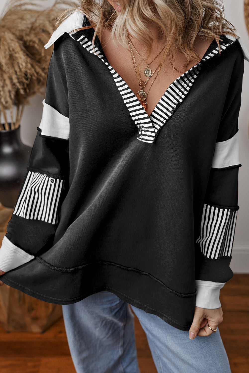 Dark Blue Striped Patchwork Collar Sweatshirt