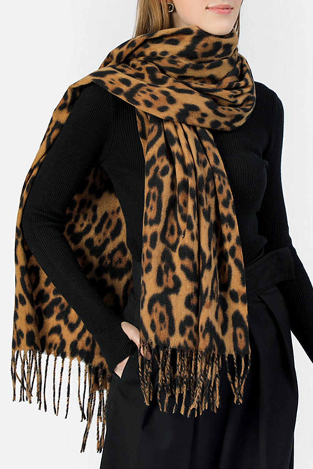 Coffee Leopard Print Fringe Warm Large Scarf