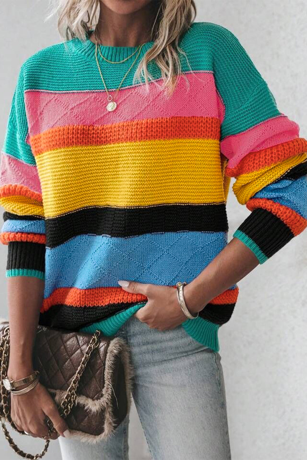 Yellow Colorblock Mixed Textured Drop Shoulder Sweater