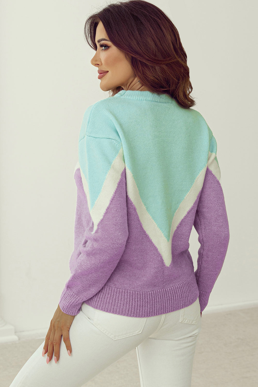 Green Chevron Colorblock Ribbed Knit Drop Shoulder Sweater