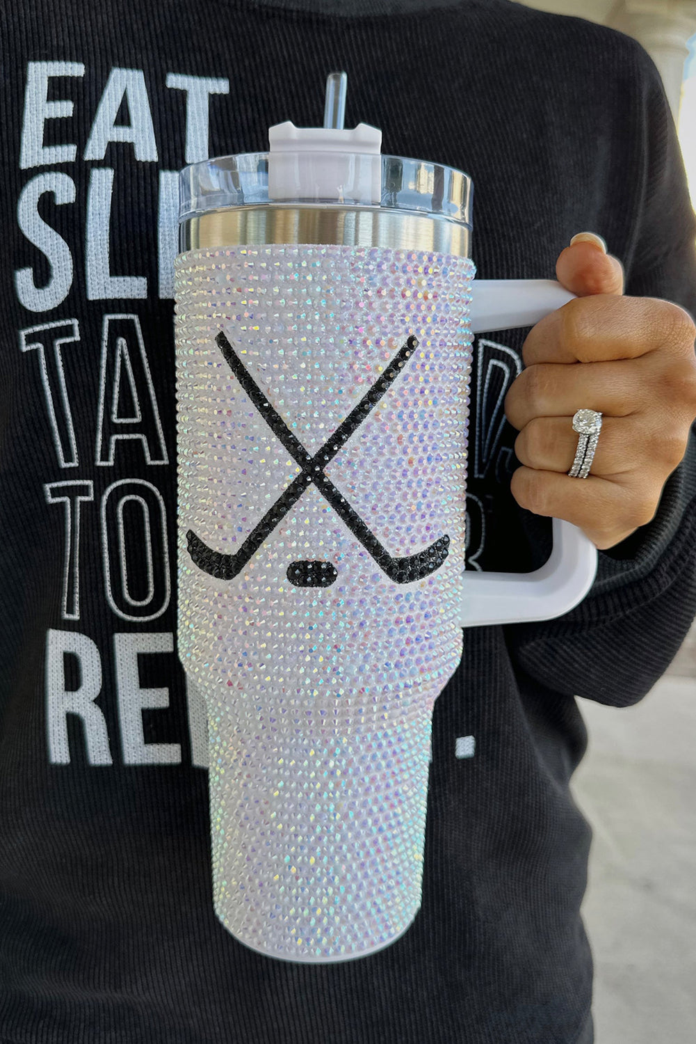 Silvery 40Oz Hockey Game Day Rhinestone Tumbler with Handle