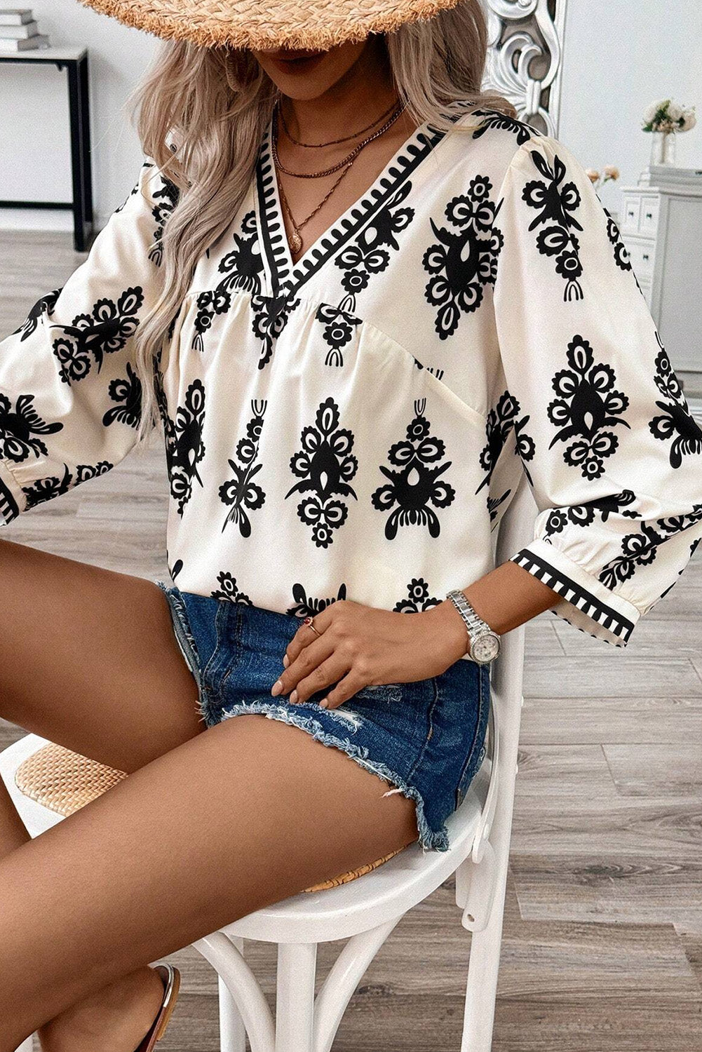 Beige Ethnic Abstract Print Puff Sleeve V Neck Blouse