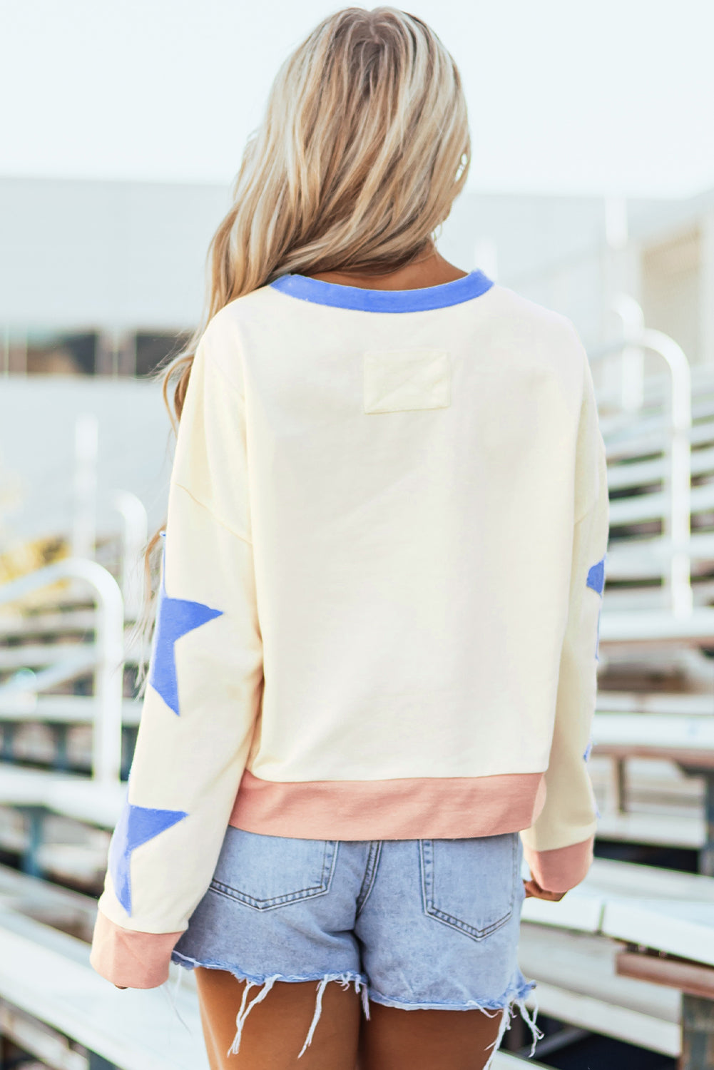 Beige Star Patchwork Exposed Seam Oversized Sweatshirt