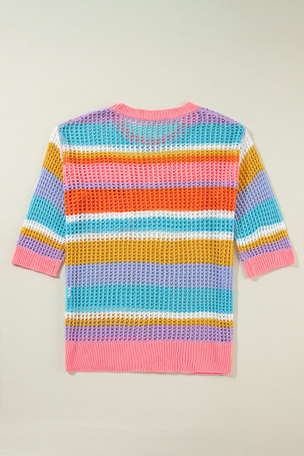 Orange Stripe Colorblock Hollowed Crochet 3/4 Sleeve Sweater