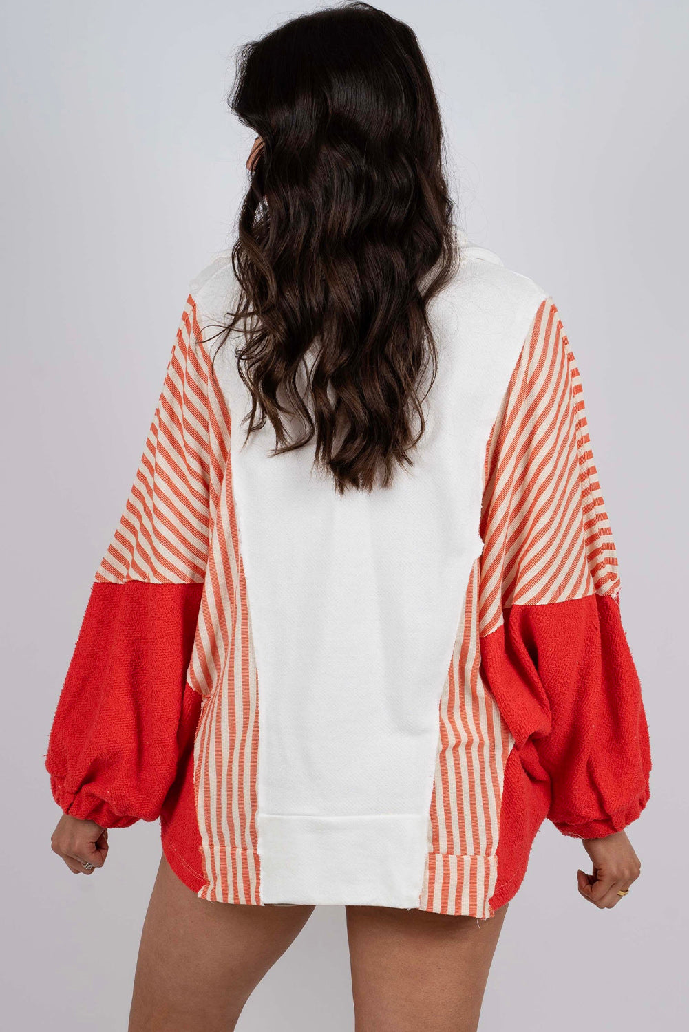 White Striped Color Block Collared V Neck Oversized Sweatshirt