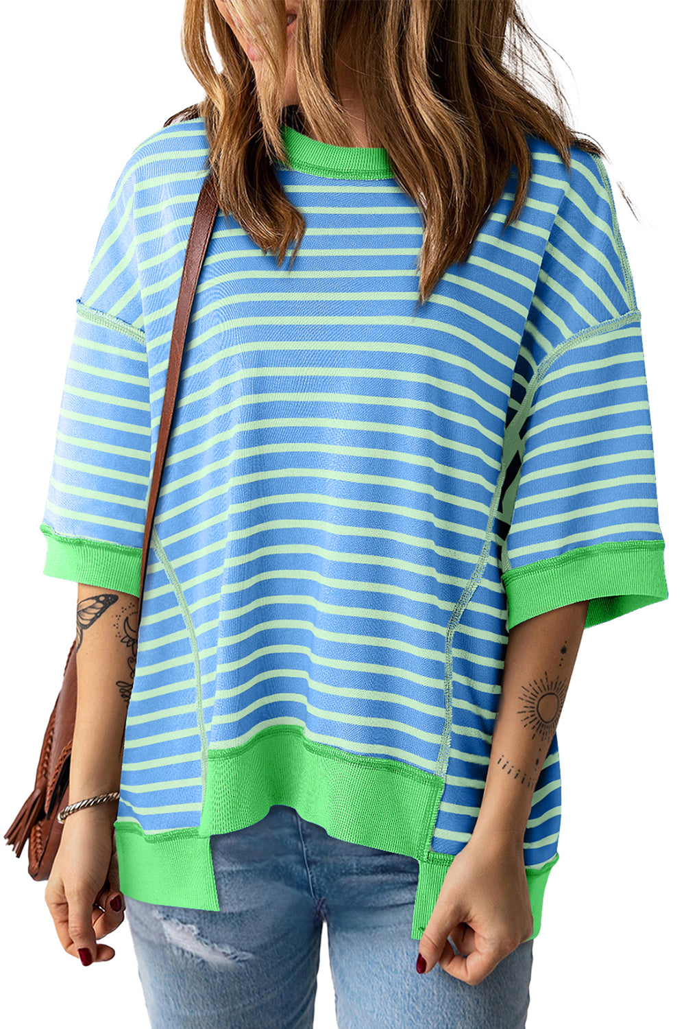 Orange Stripe Oversized Contrast Trim Exposed Seam High Low T Shirt