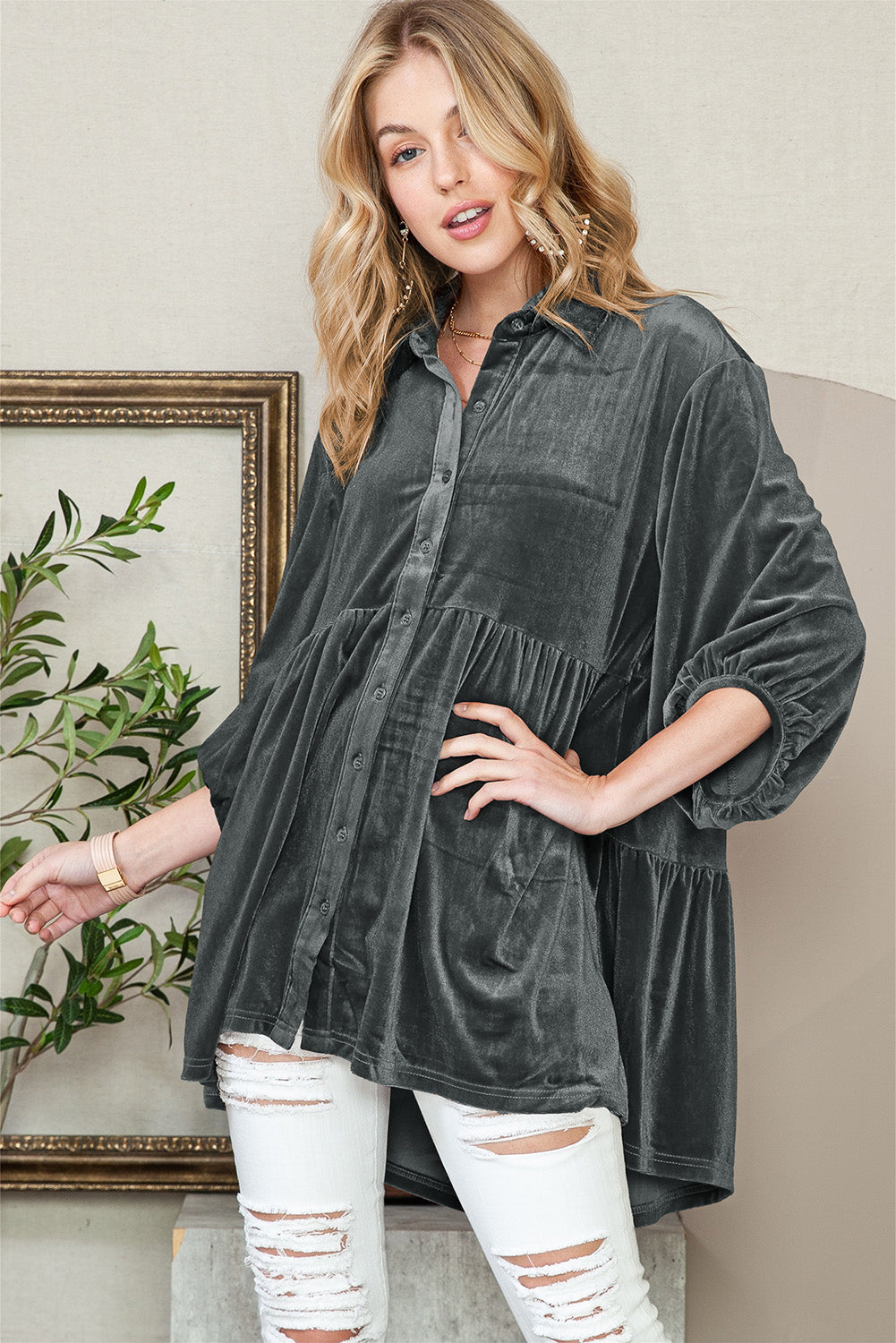 Chestnut Lantern Sleeve Tunic Babydoll Velvet Shirt