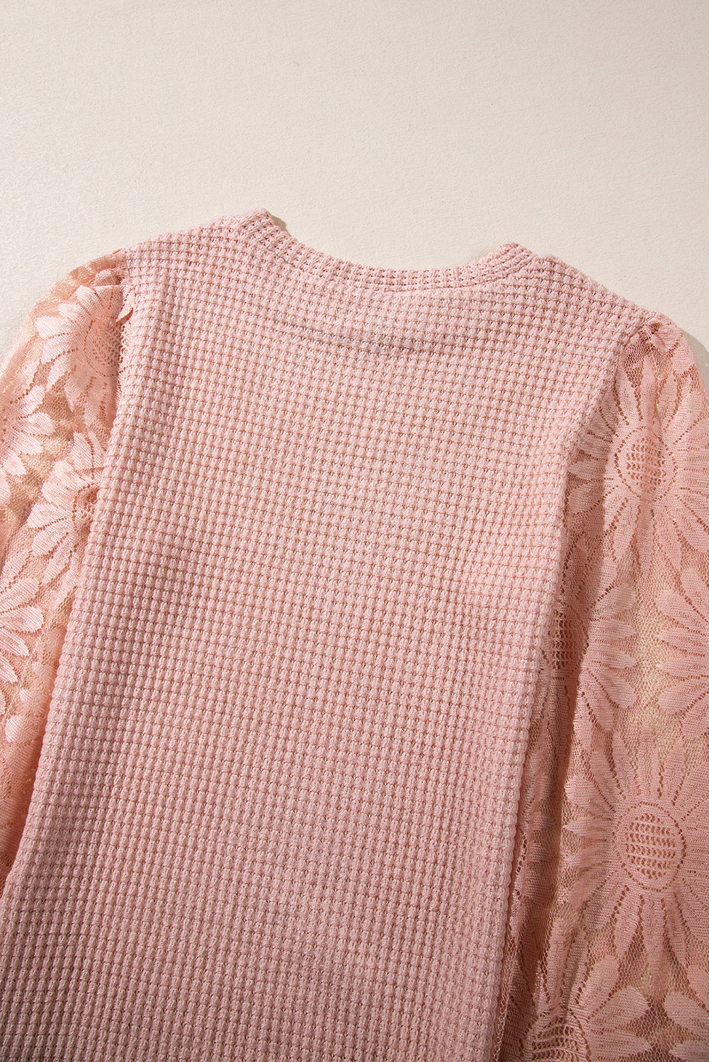 Peach Blossom Sunflower Lace Long Sleeve Waffle Knit Top