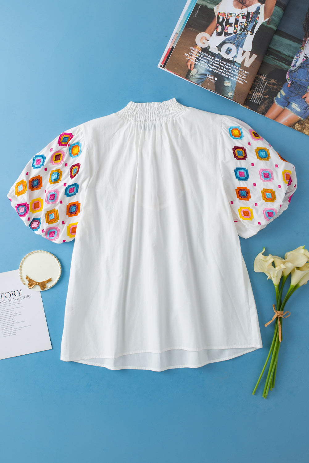 White Geometric Embroidered Smocked Neck Puff Sleeve Top