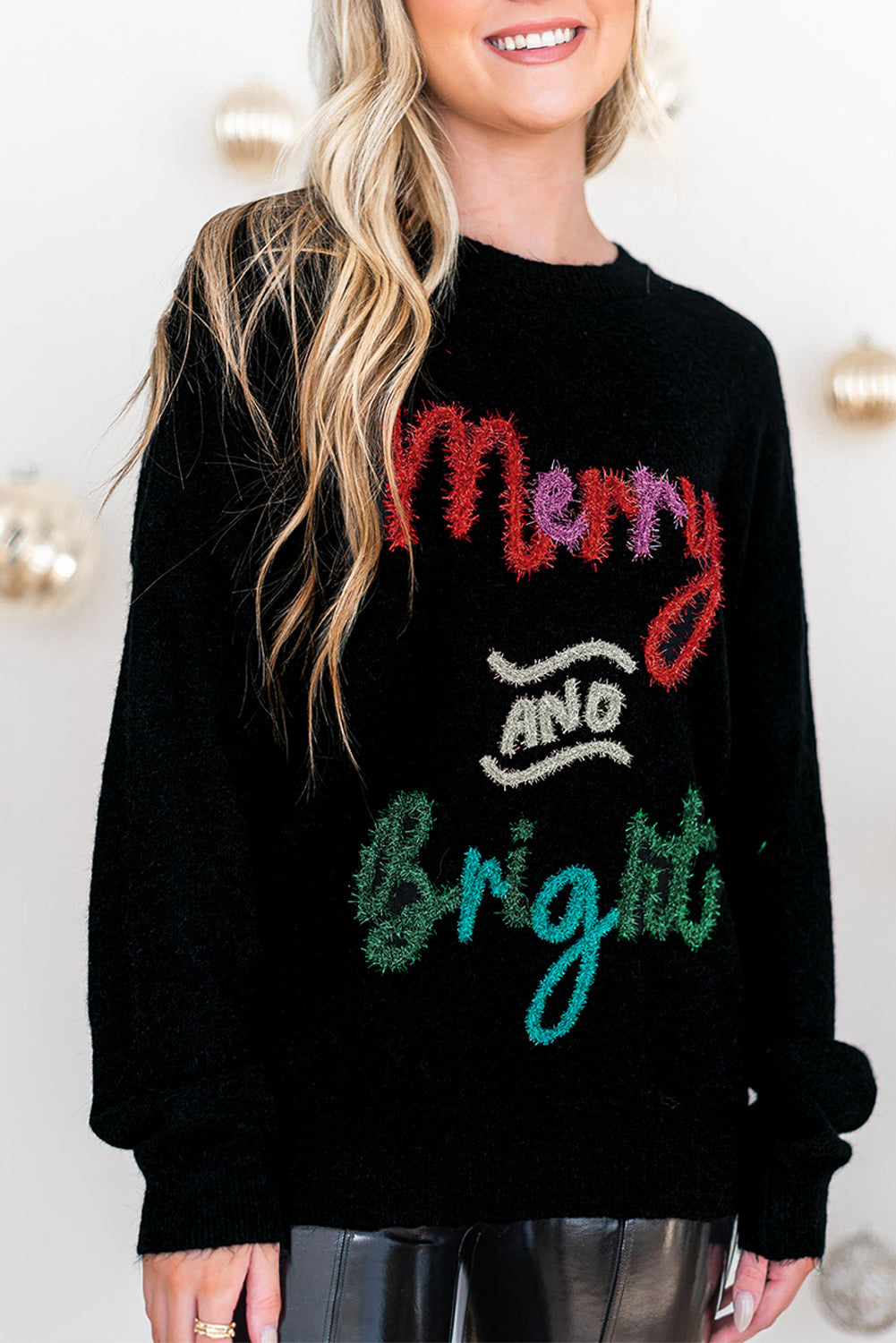 Black Tinsel Merry and Bright Graphic Christmas Sweater