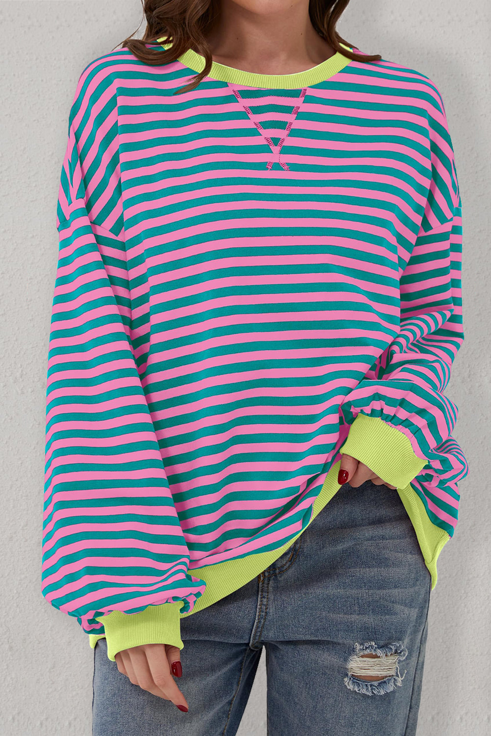 Blue Stripe Oversized Contrast Trim Pullover Sweatshirt