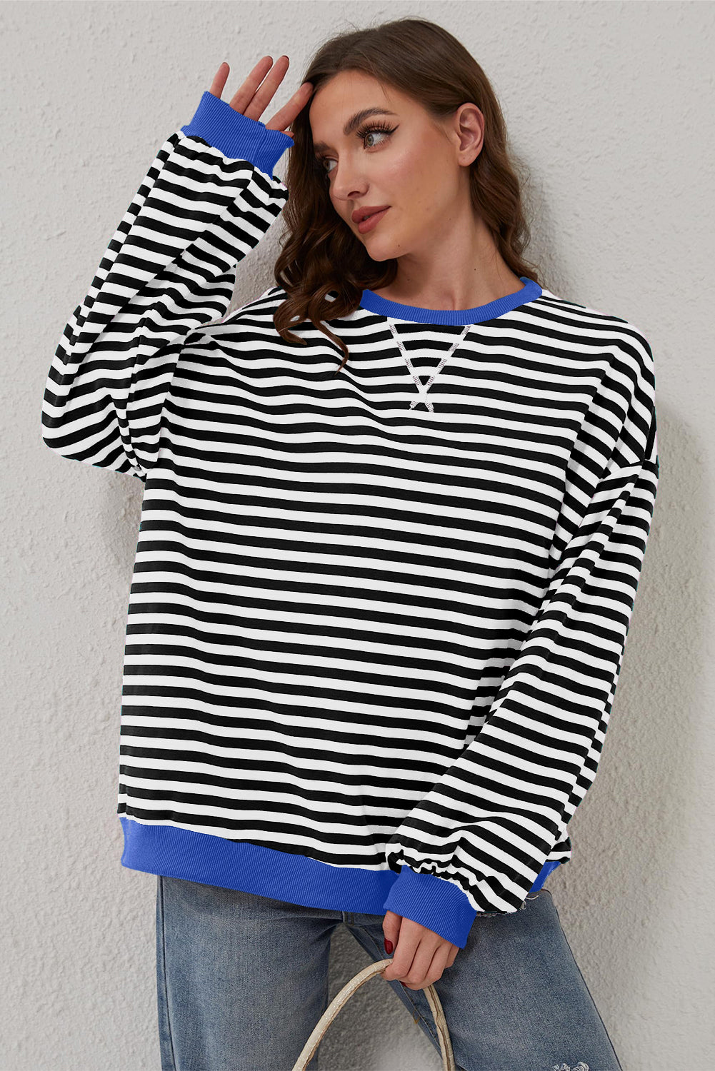 Blue Stripe Oversized Contrast Trim Pullover Sweatshirt