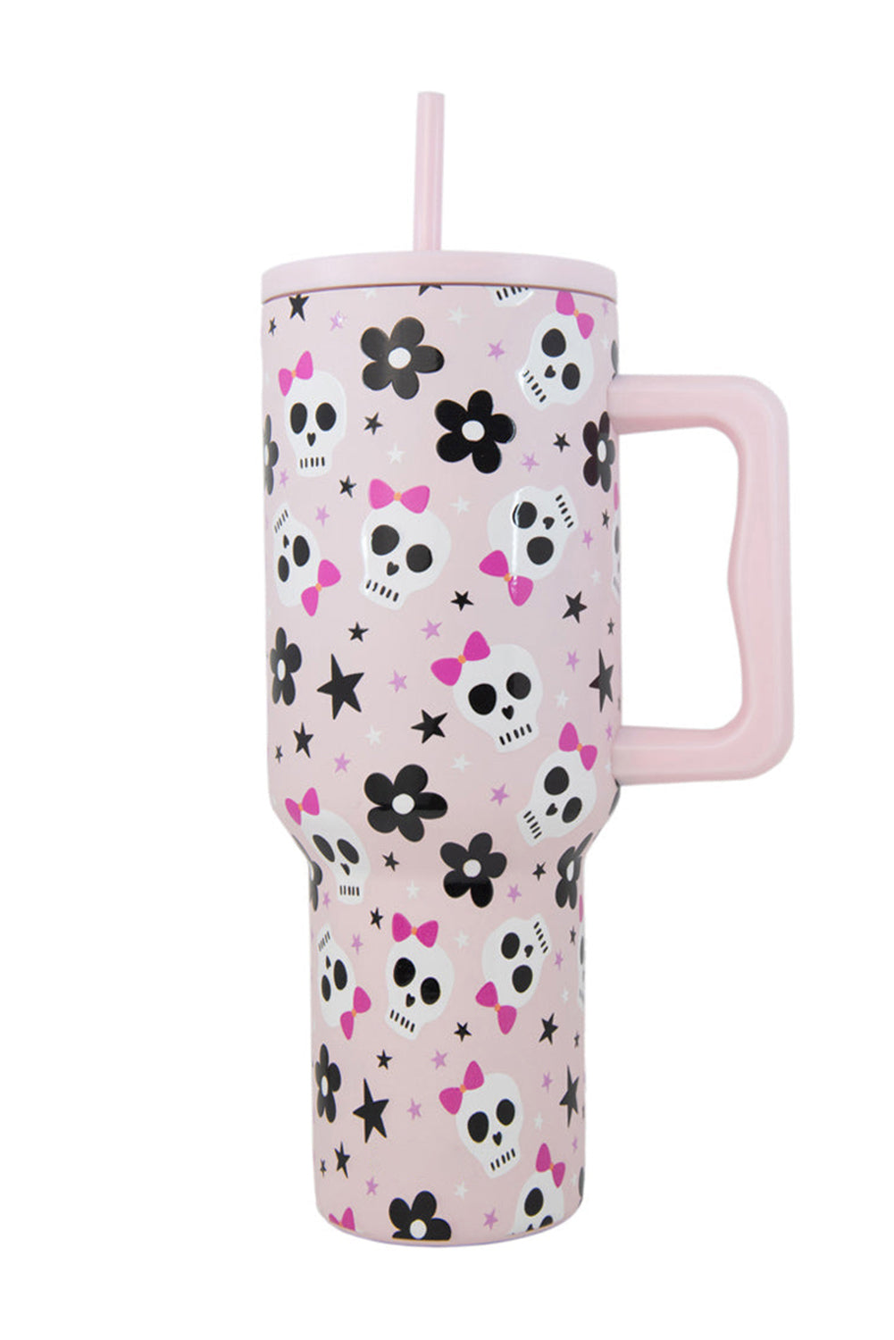 Light Pink 40oz Halloween Skull Flower Print Handle Vacuum Cup