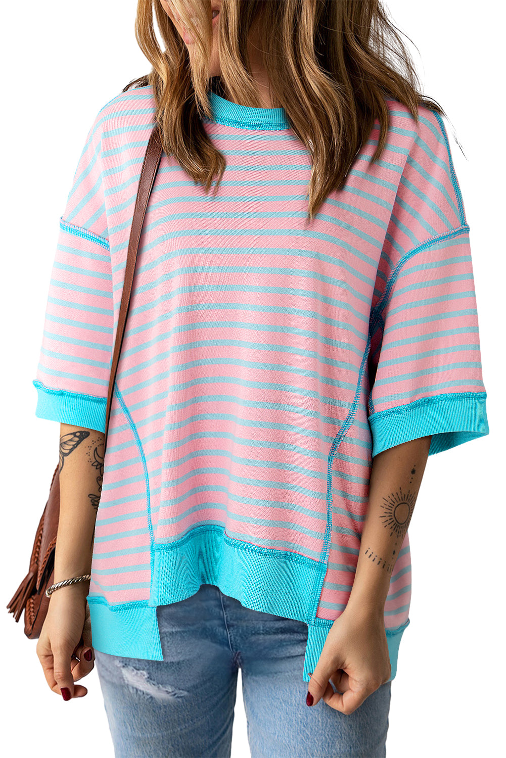 Orange Stripe Oversized Contrast Trim Exposed Seam High Low T Shirt