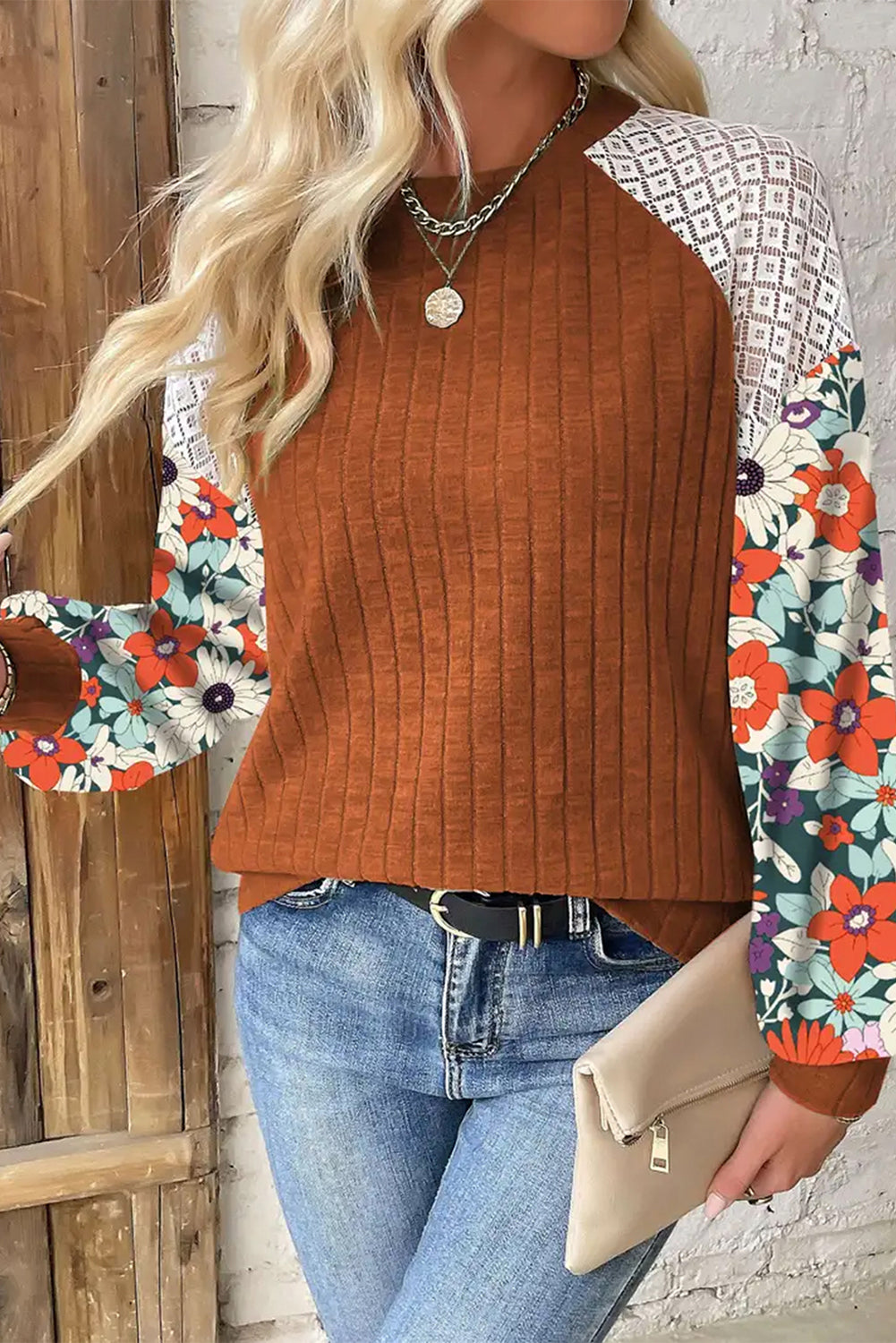 Cinnamon Floral Patchwork Raglan Sleeve Ribbed Top