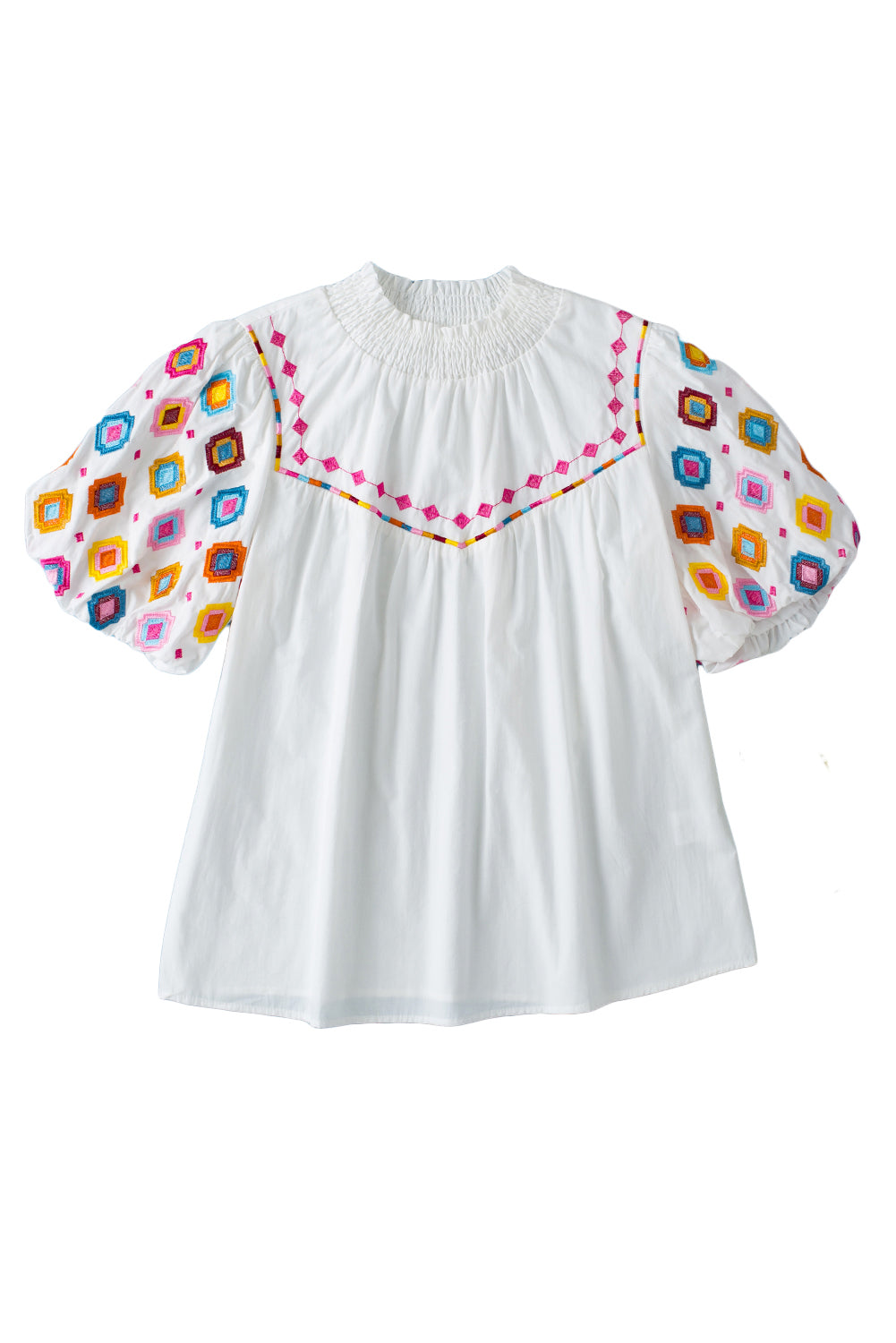 White Geometric Embroidered Smocked Neck Puff Sleeve Top