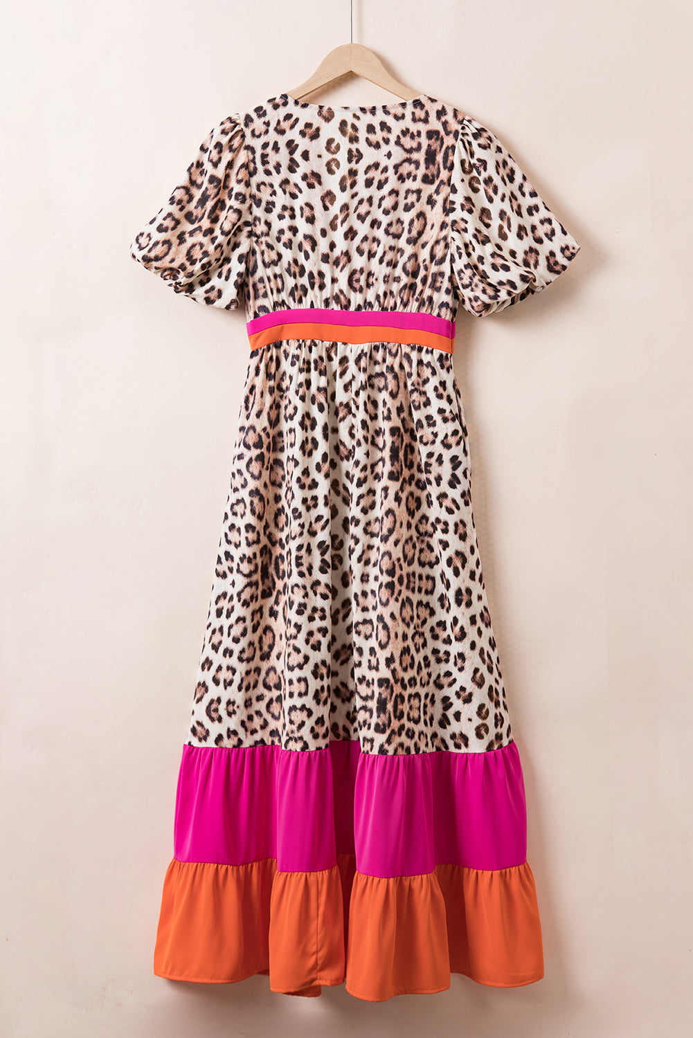 Bright Pink V-neck Leopard Print Colorblock Maxi Dress