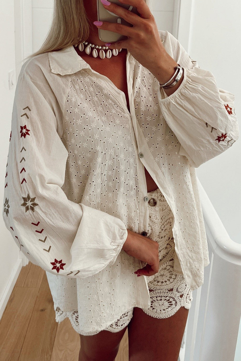 White Floral Embroidered Puff Sleeve Eyelet Patchwork Shirt