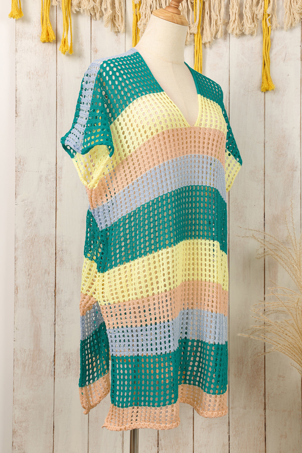 Yellow Striped Hollow Out Knit V Neck Tunic Cover Up