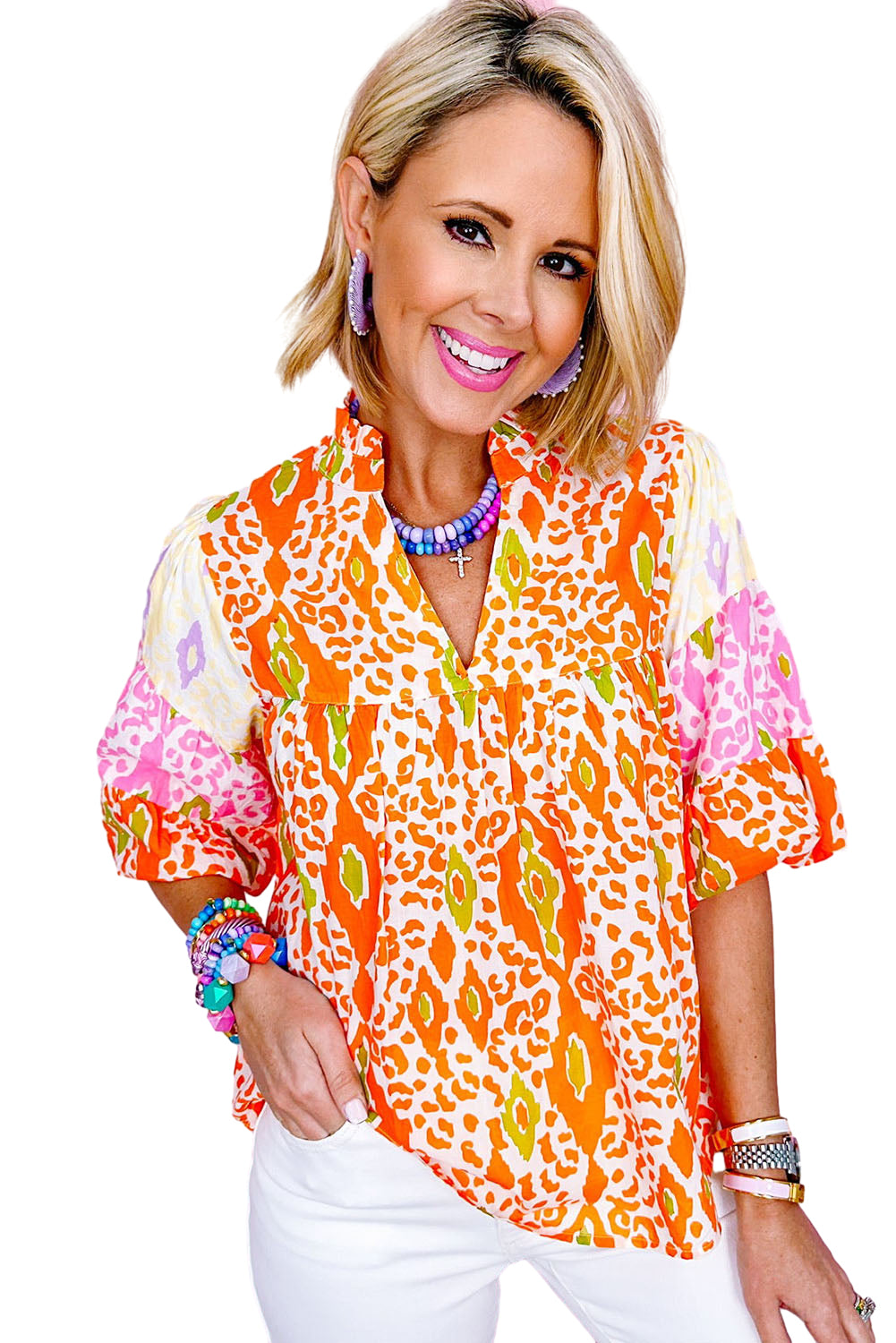 Orange Leopard Colorblock Puff Sleeve Split Neck Blouse