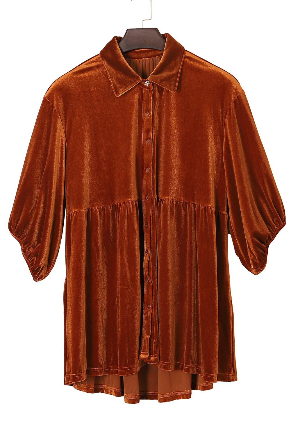 Chestnut Lantern Sleeve Tunic Babydoll Velvet Shirt