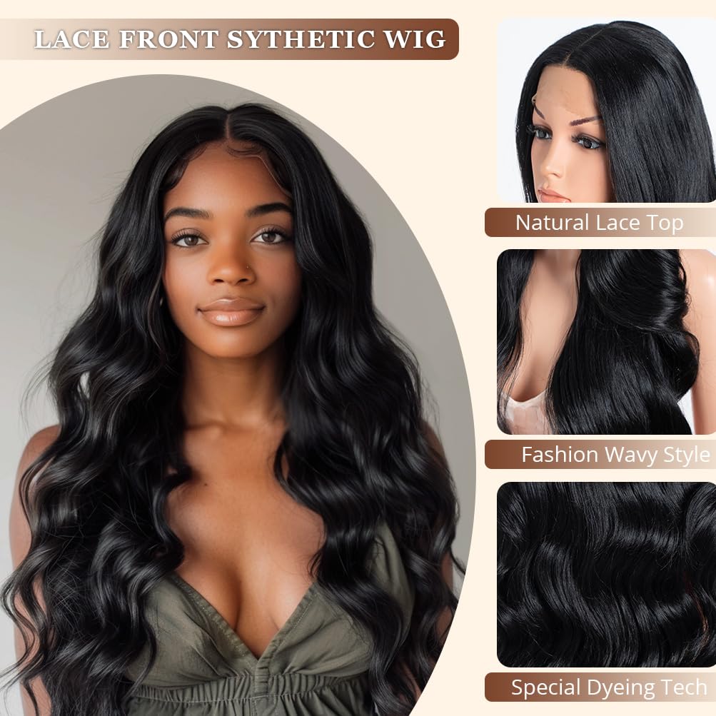 Style Icon HD Lace Front Wig 26 Inch Long Body Wave Black Wigs Synthetic Fiber Pre Plucked Baby Hair Central Parting(26 Inches, 1B)