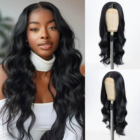 Style Icon HD Lace Front Wig 26 Inch Long Body Wave Black Wigs Synthetic Fiber Pre Plucked Baby Hair Central Parting(26 Inches, 1B)